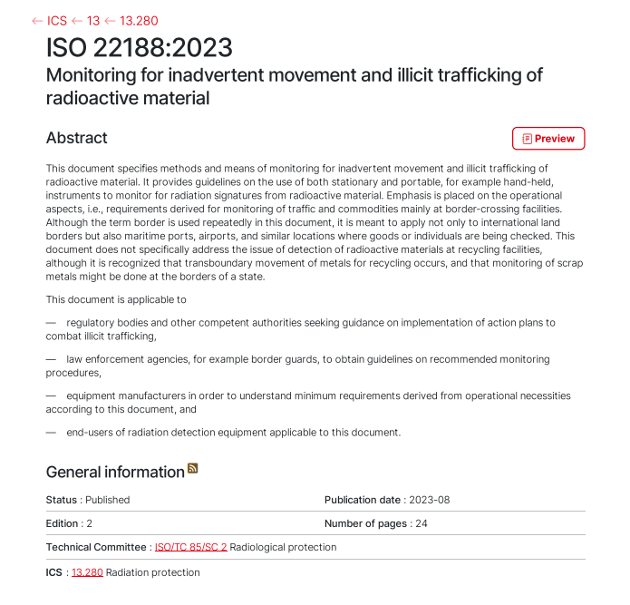 ISO 22188:2023《放射性物質(zhì)非故意轉(zhuǎn)移和非法運(yùn)輸?shù)谋O(jiān)測(cè)》正式發(fā)布
